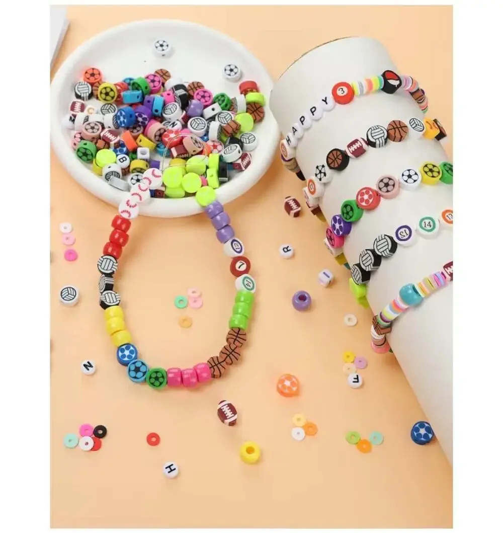 600 Pieces Sports Ball Polymer Clay Beads Kit with Alphabet Beads and Crystal St